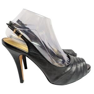 Antonio Melani Pleated Black Leather Peep Toe Slingback Heels Womens 9